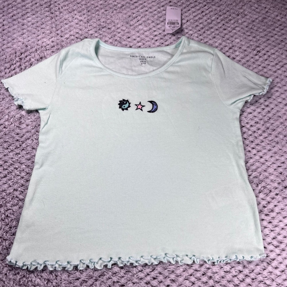 American Eagle Girls Light Blue‎ Ribbed Ringer Tee Moon Star Sun Graphic Size 12